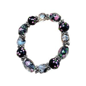 Handmade Murano Style Glass Lampwork Stretch Bead Bracelet Black Pink Floral